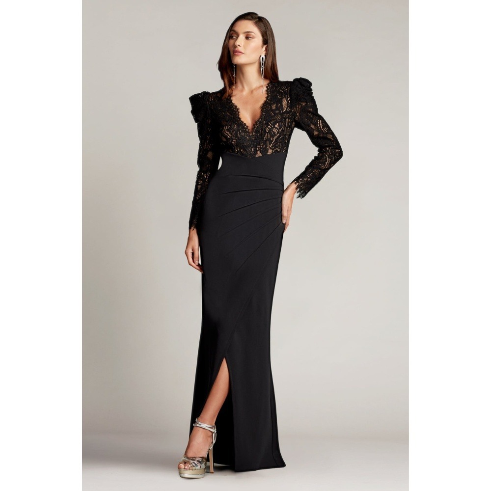 NWT Tadashi Shoji Marshal Crepe‎ & Lace Gown Black BTF21173LX 6
